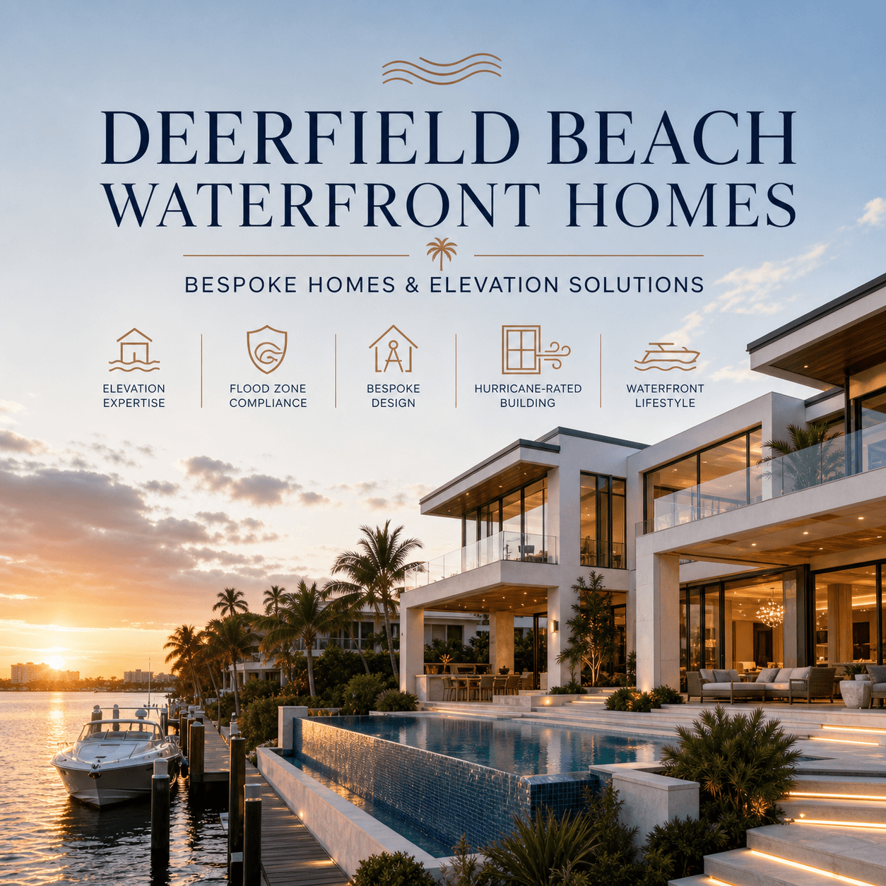 Deerfield Beach waterfront homes: bespoke elevated estate at sunset with infinity pool, private dock, and moored boat