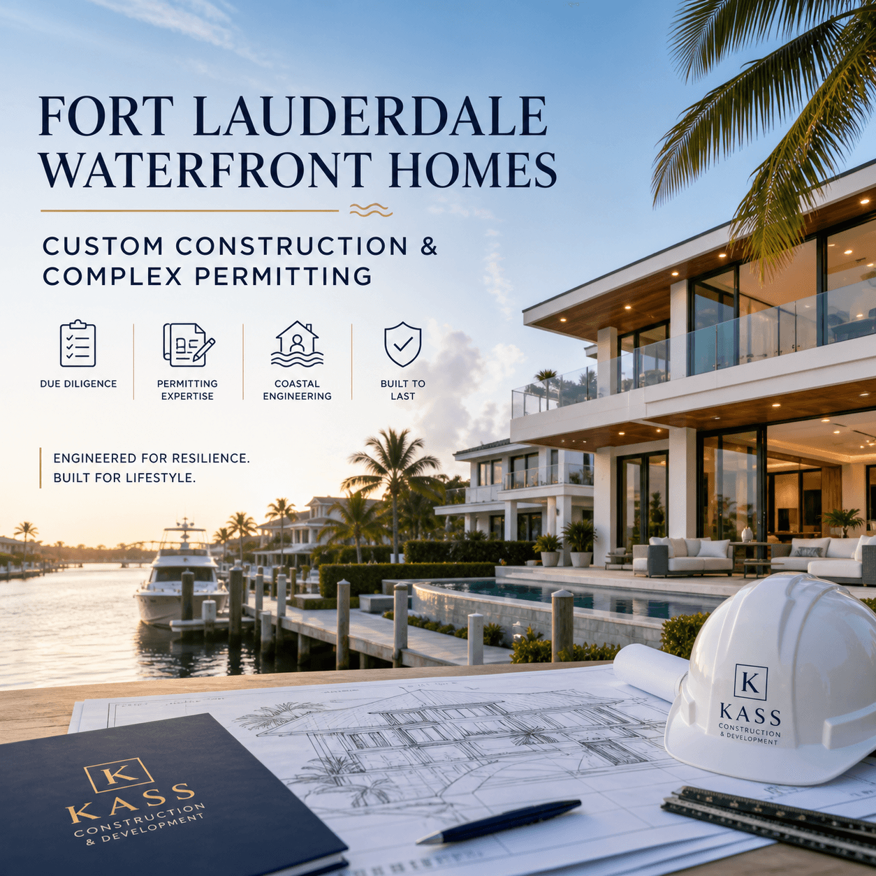 Fort Lauderdale waterfront homes graphic: custom construction and complex permitting on Intracoastal and canal-front property
