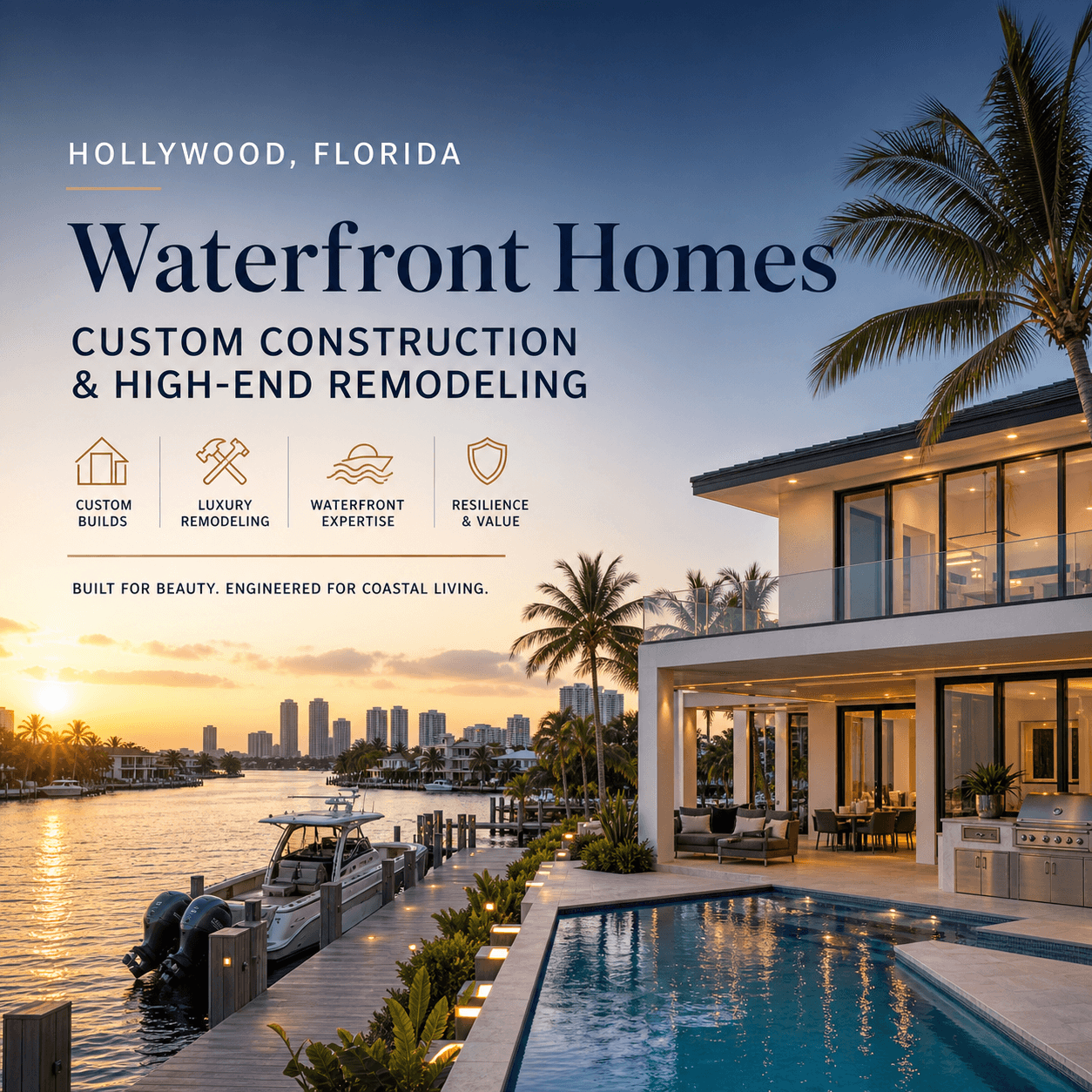 Hollywood Florida waterfront homes graphic: custom construction and high-end remodeling in Broward County
