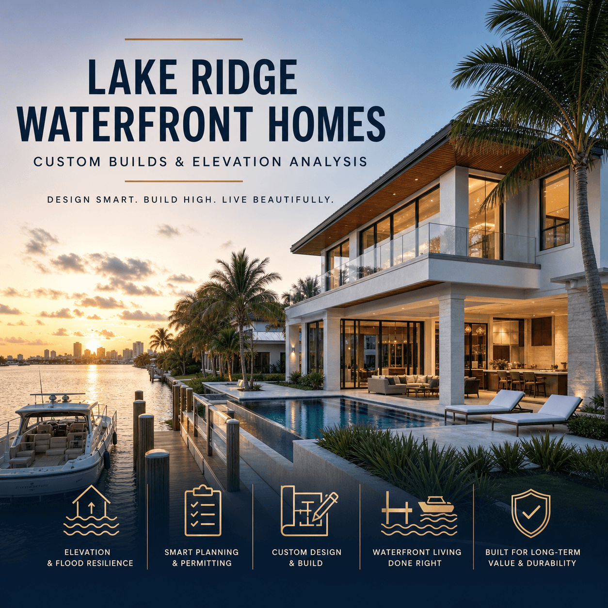 Lake Ridge waterfront homes graphic: custom builds and elevation analysis in East Fort Lauderdale