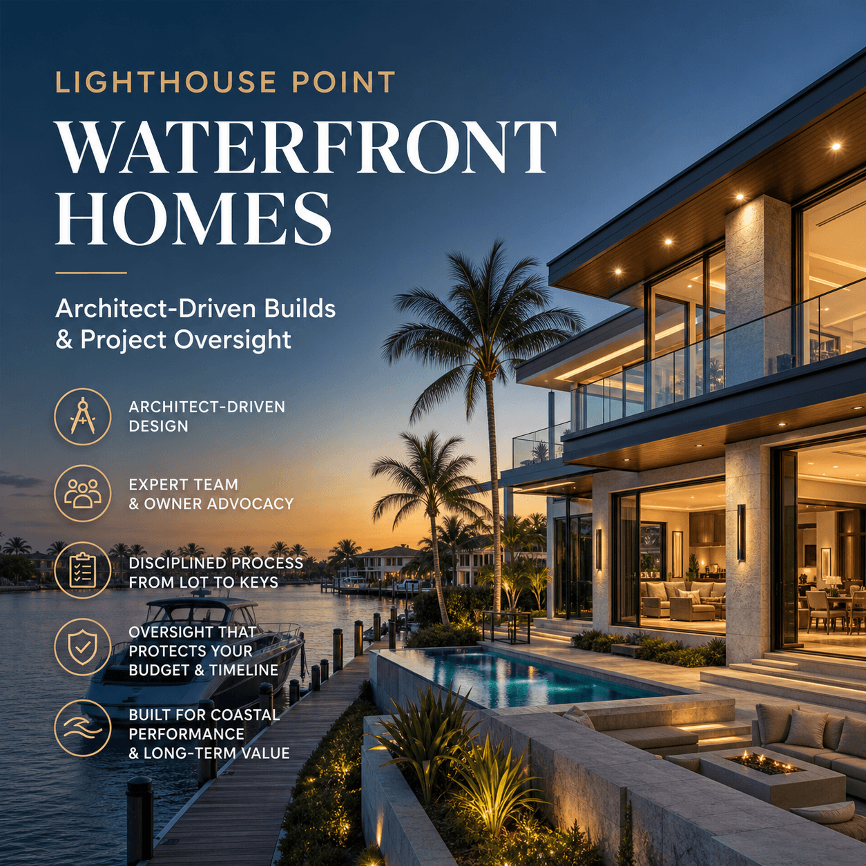 Lighthouse Point waterfront homes graphic: architect-driven builds and project oversight in Broward County