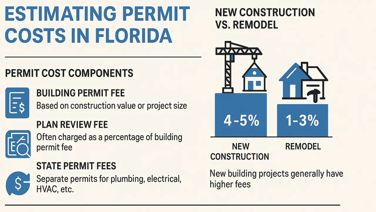 Infographic on estimating permit costs in Florida, showing building permit, plan review, and state permit fee components