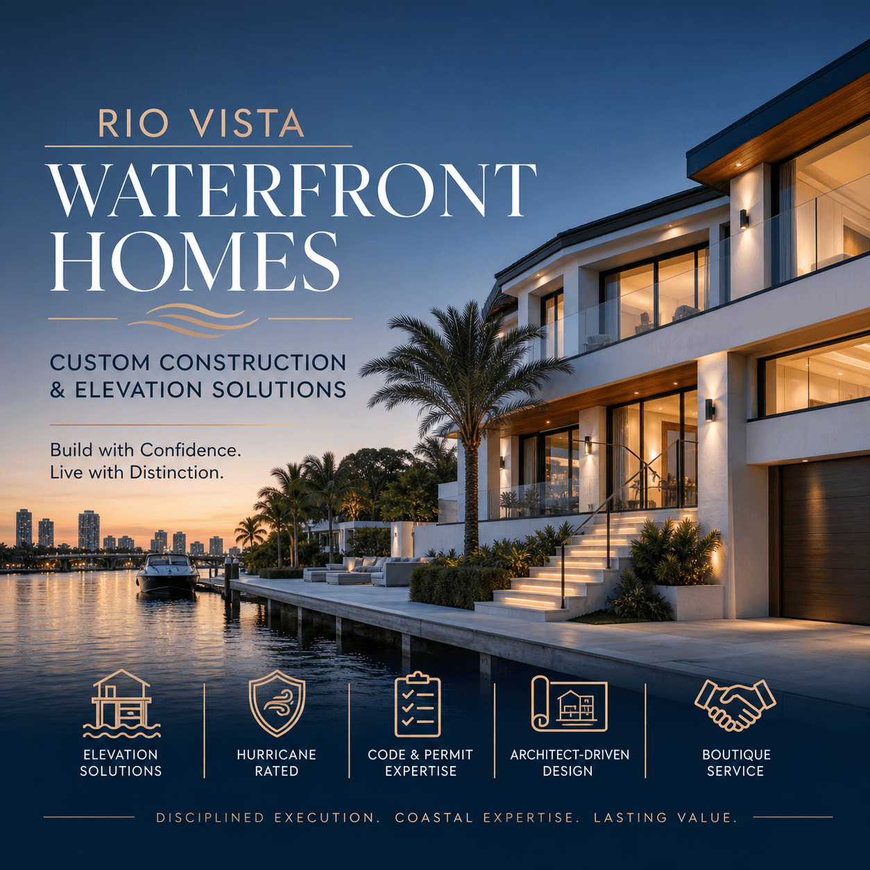 Rio Vista Waterfront Homes: Elevation on a Canal Lot - 1 Rio Vista waterfront homes graphic: custom construction and elevation solutions in Fort Lauderdale