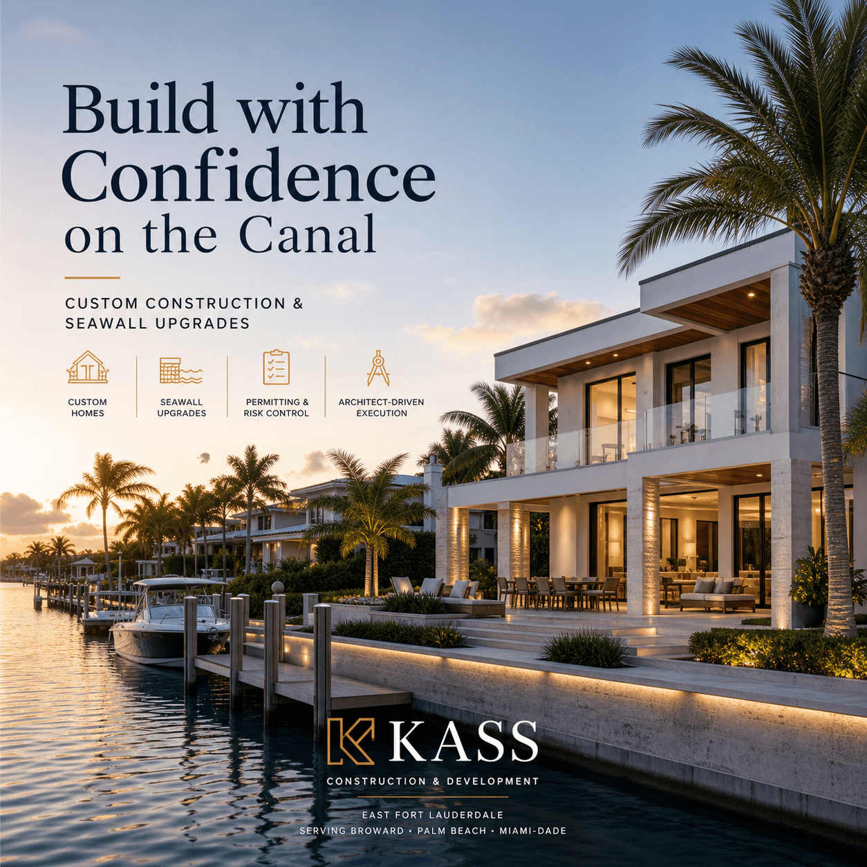 South Florida canal waterfront homes: custom construction and seawall upgrades