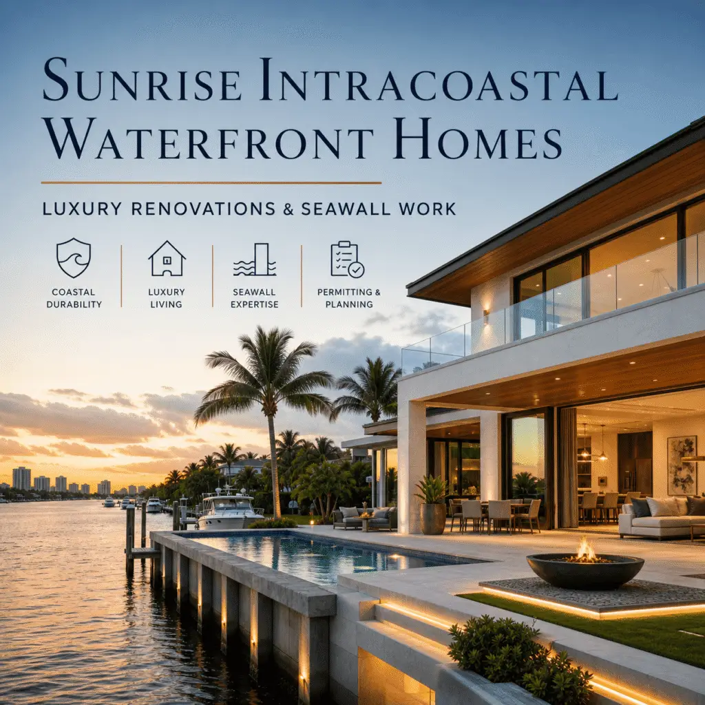 Sunrise Intracoastal Waterfront Homes: Kass Construction graphic, luxury renovations and seawall work