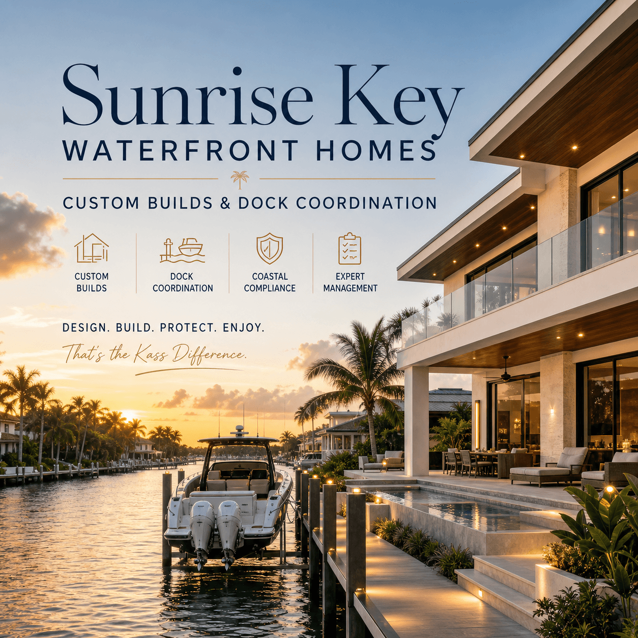 Sunrise Key waterfront homes graphic: custom builds and dock coordination in Fort Lauderdale